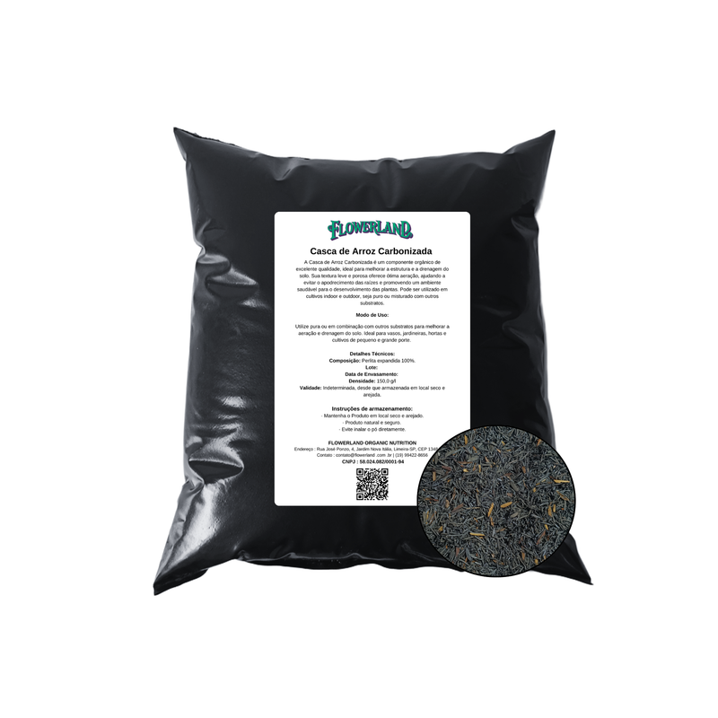 Casca de Arroz Carbonizada FlowerLand – Drenagem, Aeração e Microbiologia Ativa para um Solo Premium